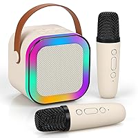 Karaoke Machine for Kids Adults,Mini Portable Blue-Tooth Karaoke Speaker with 2 Wireless Microphones and Dynamic Lights,Birthday Gift,Home KTV,Outdoor,Travel(Beige)