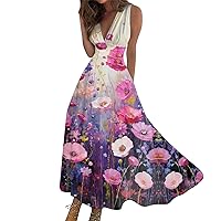Dresses for Women 2024 Pink Boho Long Summer Sleeveless V-Neck Waist Retraction Printed Dress