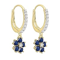Dazzlingrock Collection Round Blue Sapphire & White Diamond Flower Lever Back Dangling Drop Earrings for Women in 10K Solid Gold