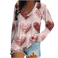 Valentine's Day V Neck Tops for Women 2024 Trendy Colorful Heart Graphic Shirts Loose Fit Long Sleeve Casual Blouse Tunics