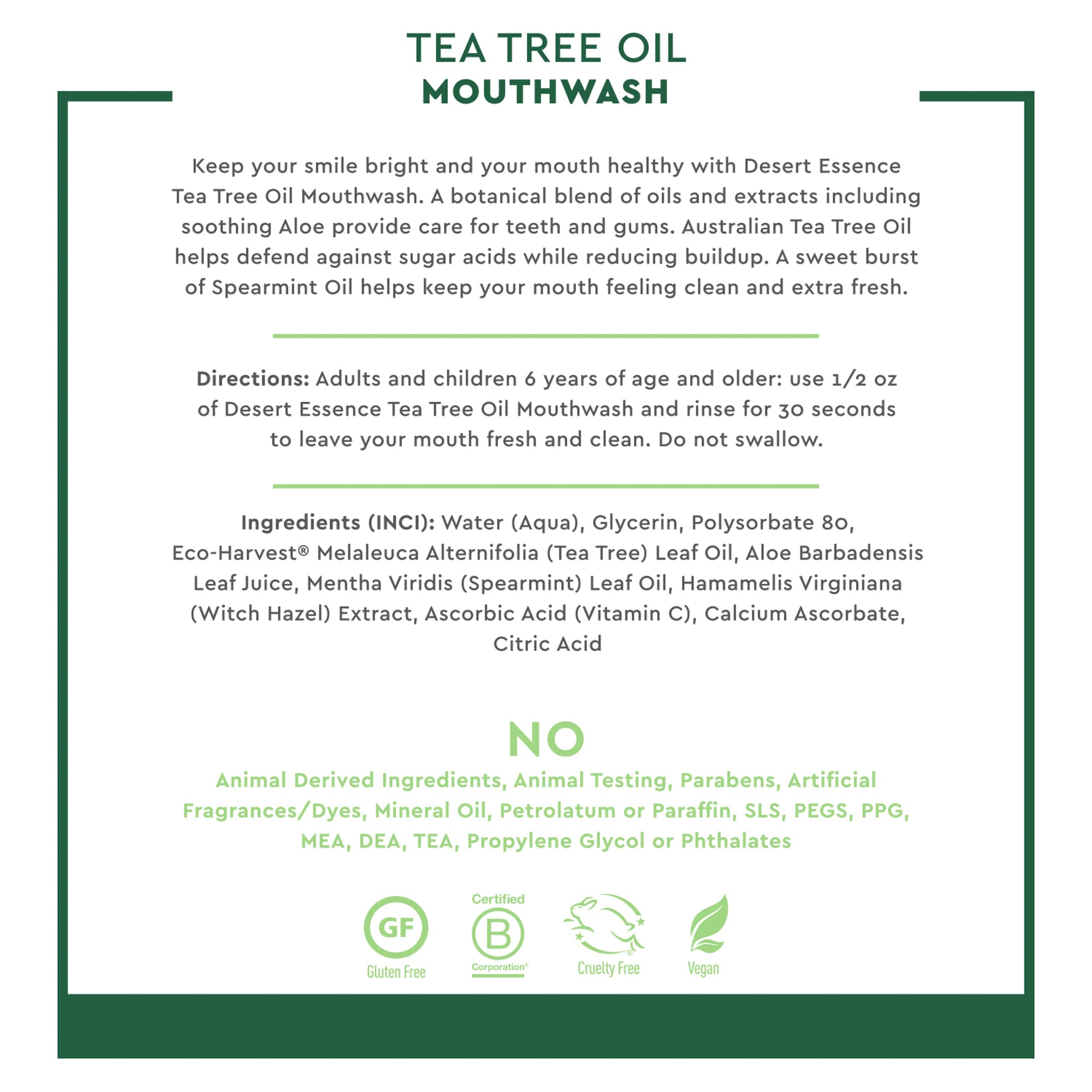Desert Essence Refreshing Tea Tree Oil Mouthwash - 8 Fl Ounce - Essential Oil of Spearmint - Reduces Plaque Buildup - Complete Oral Care - Refreshing Taste - Vitamin C