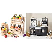Tiny Land Black Play Kitchen Toys and 17PCS Kids Wooden Coffee Maker Playset for Girls and Boys
