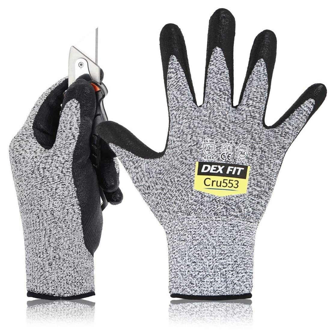DEX FIT Level 5 Cut Resistant Gloves Cru553, 3D-Comfort Fit, Firm Grip, Thin & Lightweight, Touch-Screen Compatible, Durable, Breathable & Cool, Machine Washable; Grey M (8) 1 Pair