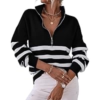 BTFBM Women 2024 Casual Long Sleeve Zip Striped Pullover Sweaters V Neck Collar Ribbed Knit Fall Winter Slouchy Jumpers