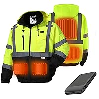 Professional Level Heated Safety Bomber Jacket, Class 3 Hi-Vis Waterproof Coat, 3M Reflective Tape, Work Construction Coats for Cold Weather (Lime M)
