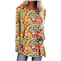 Womens Tunic Tops Spring Funny Floral Print Casual Shirts Plus Size Long Sleeve Loose Fit Pullover with Leggings