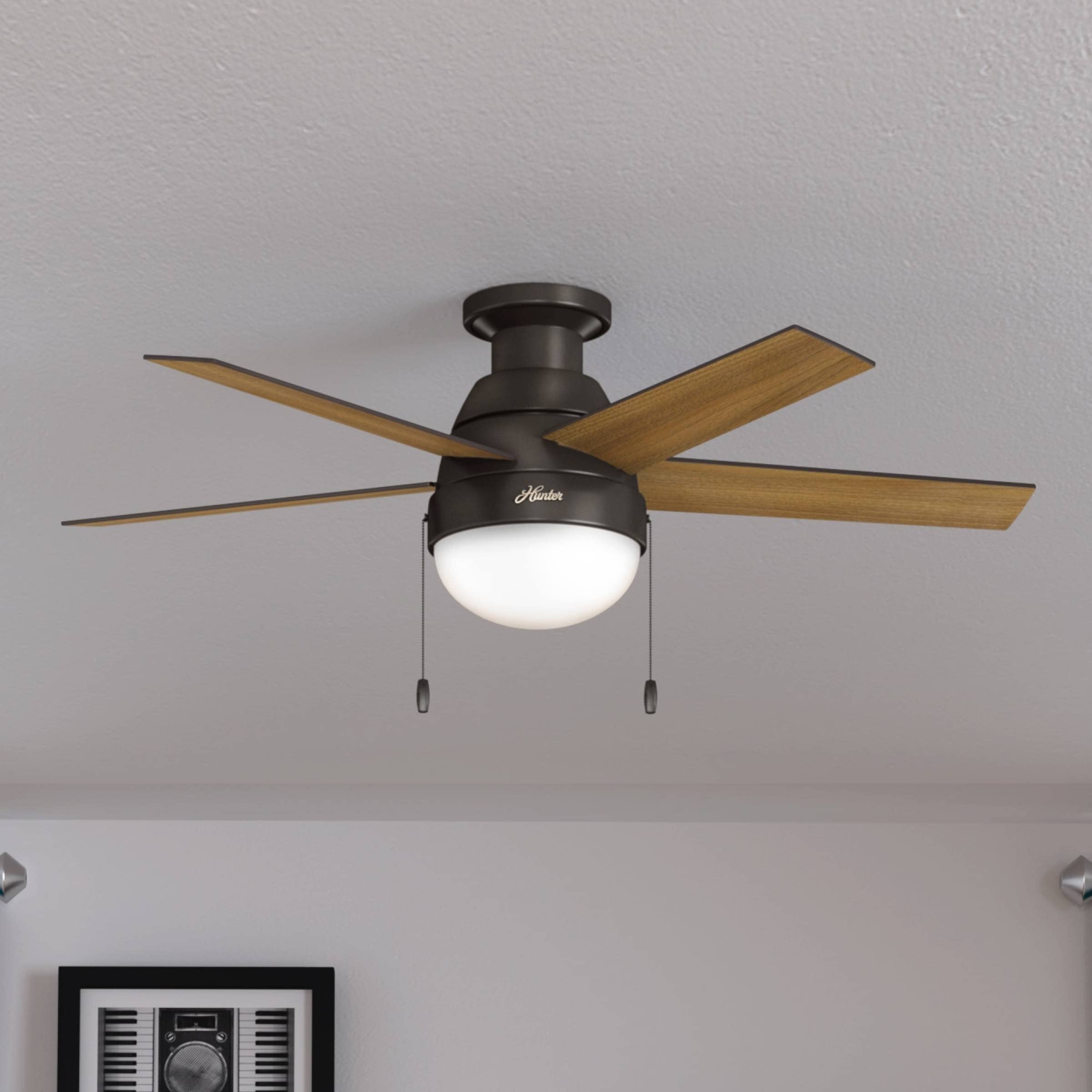 Hunter Fan Company, 59268, 46 inch Anslee Premier Bronze Low Profile Ceiling Fan with LED Light Kit and Pull Chain