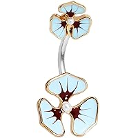 Body Candy Stainless Steel Blue and Purple Hibiscus Flower Double Mount Belly Ring