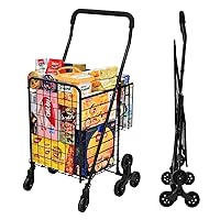 Grocery Shopping Cart with 360° Rolling Swivel Wheels Stair Climber Utility Cart Easily Collapsible Cart with Tri-Wheels, 66lb Extended Foam Cover, Trolley for Stair, Laundry, Travel (Black)