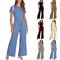 Women's Summer Wide Leg Jumpsuit Round Neck Short Sleeve High Waist Dressy Overalls Linen Romper with Pockets