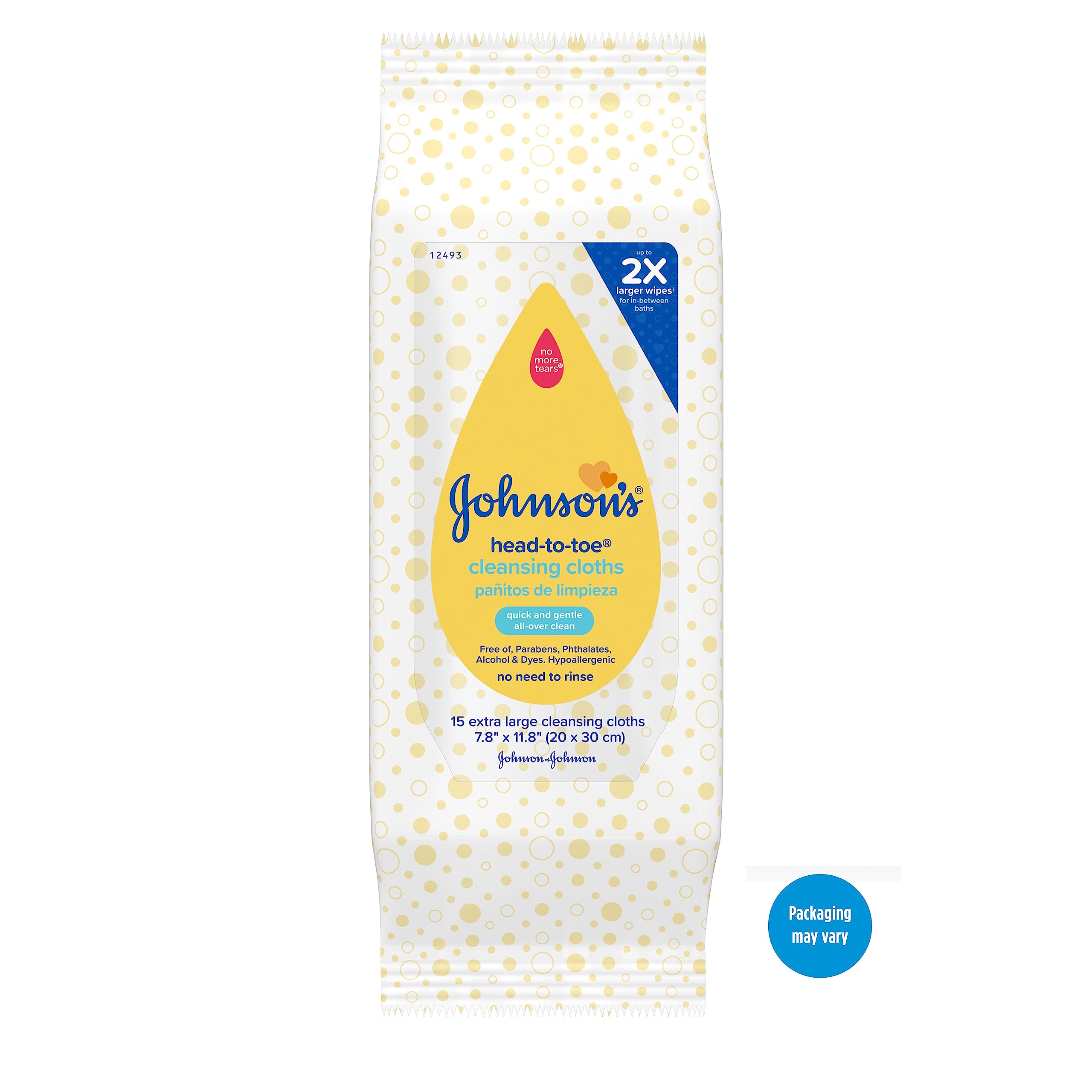 Johnson's Head-to-Toe Gentle Baby Cleansing Cloths, Hypoallergenic and Pre-Moistened Baby Bath Wipes, Free of Parabens, Phthalates, Alcohol, Dyes and Soap, 15 ct