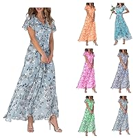 Summer Dresses for Women 2024 Long Dress Chiffon Floral Short Sleeve Ruffle V Neck Waist Flowy Dress
