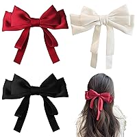 Hair Clips For Women, Hair Bows for Women, 3PCS French Bow Hair Clips with Ribbon, Large Cute Bow Clips for Women, Soft Satin Silky Bow Barrette for Teen Girls