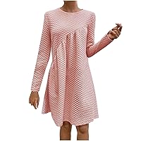 Winter Quilted Waffle Dress for Women Crewneck Long Sleeve Pullover Mini Dress Casual Solid Thicken Tunic Dresses