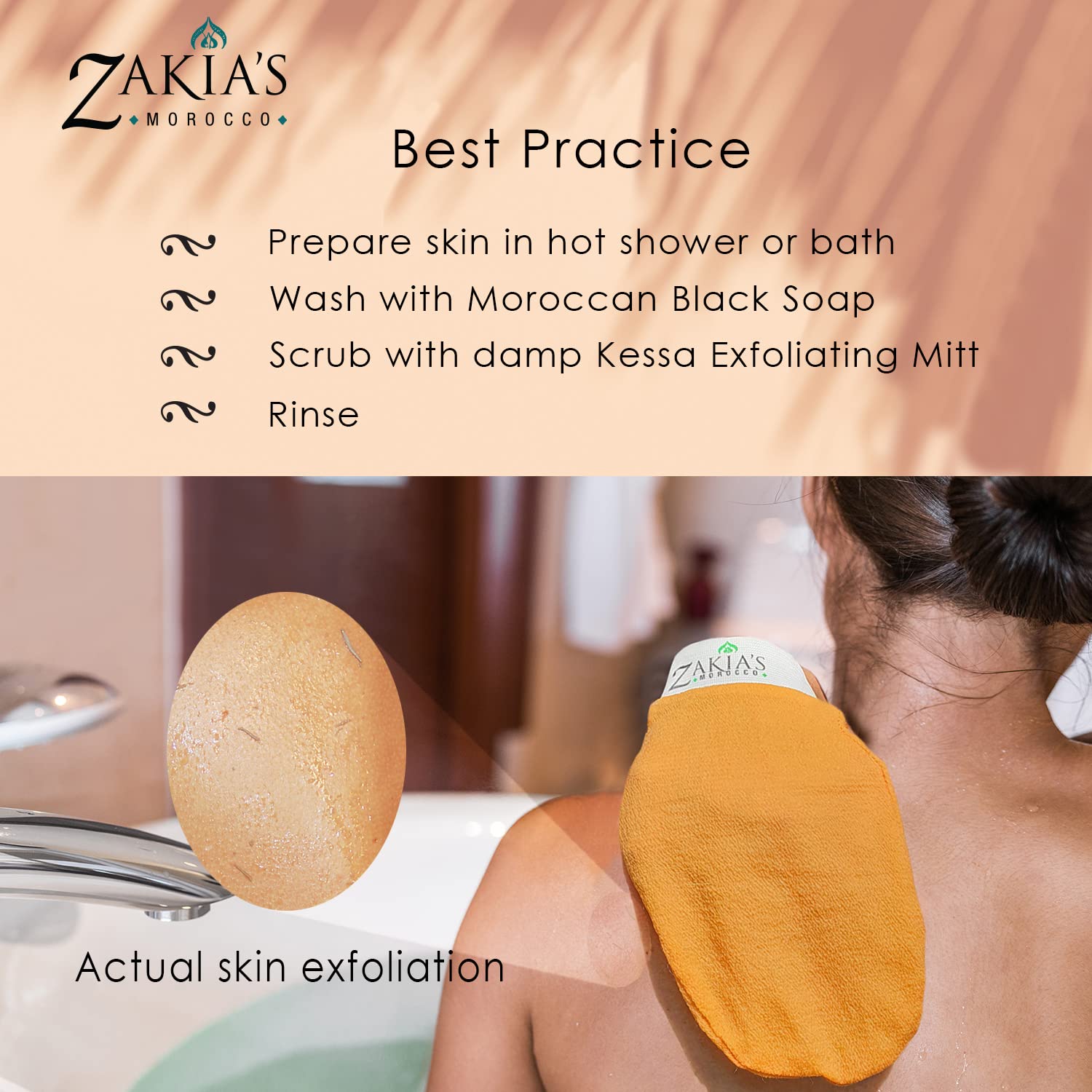 Zakia's Morocco Original Kessa Exfoliating Glove - Salmon Beige - Microdermabrasion At Home Exfoliating Mitts, Removes unwanted dead skin, dirt and grime and Keratosis Pilaris. Great for spray tan removal and preparation. Made of 100% natural Rayon. (1 Un