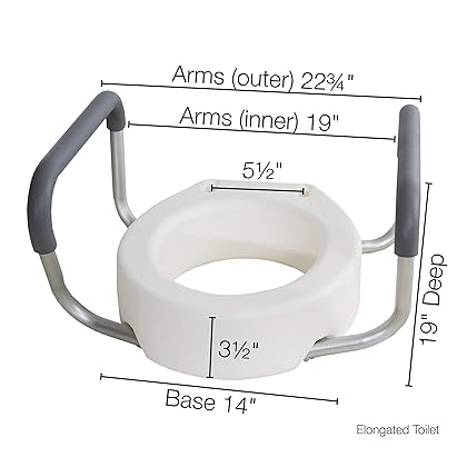 Essential Medical Supply Raised Elevated Toilet Seat Riser for an Elongated Toilet with Padded Aluminum Arms for Support and Compatible with Toilet Seat, Elongated, 19 x 14 x 3.5