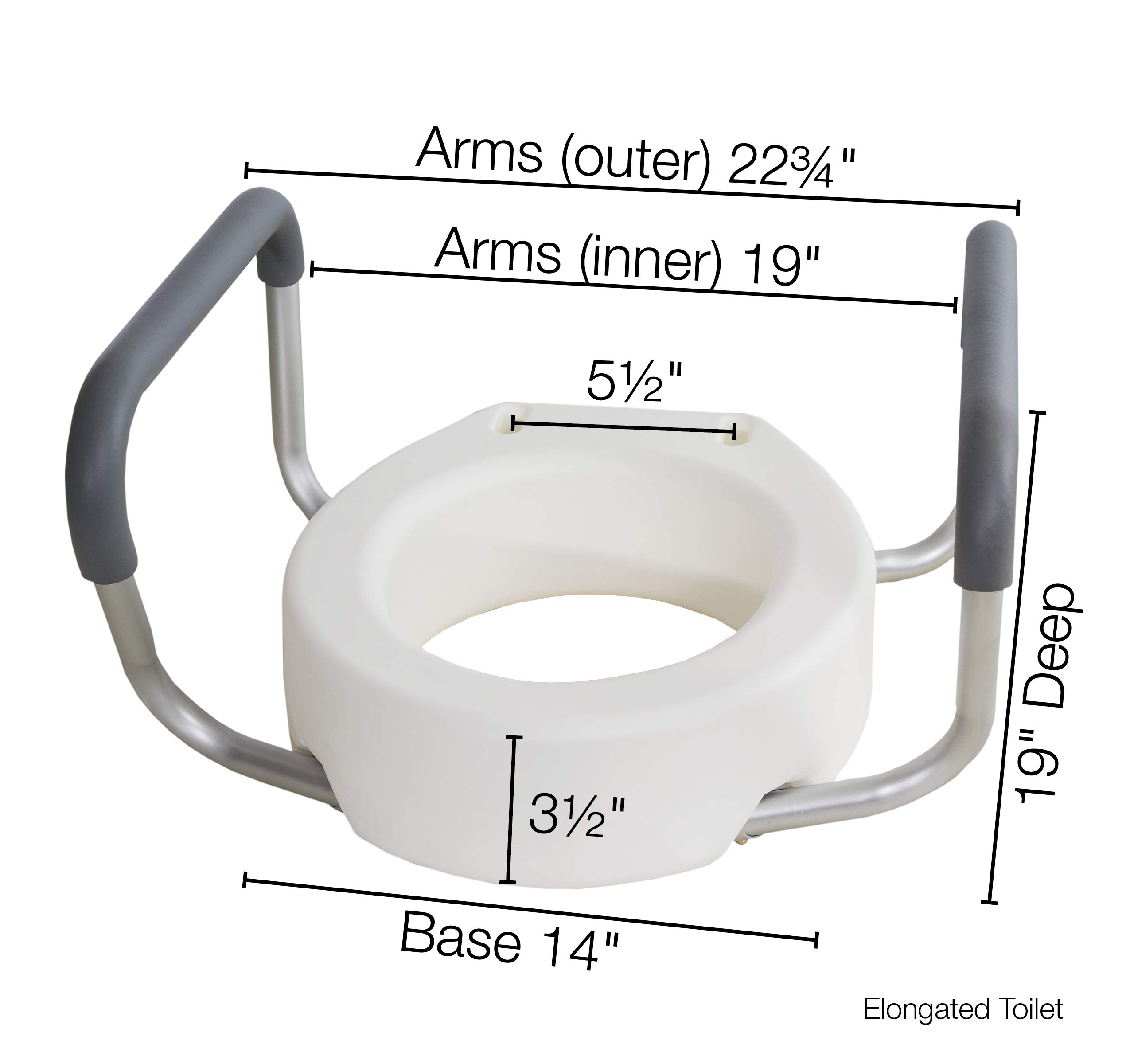 Essential Medical Supply Raised Elevated Toilet Seat Riser for an Elongated Toilet with Padded Aluminum Arms for Support and Compatible with Toilet Seat, Elongated, 19 x 14 x 3.5