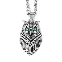 Vintage Stainless Steel Owl Necklace for Men Women, Night Bird Charm Pendant with Green/Red Eyes for Reiki Spiritual Energy Lucky, 24 inch Chain