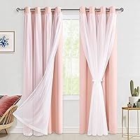 Hiasan Blackout Curtains with Sheer Overlay, Thermal Insulated Mix & Match Double Layer Room Darkening Window Curtains for Bedroom,Living Room,Nursery 2 Panels with Tiebacks (52W X 84L,Blush Pink)
