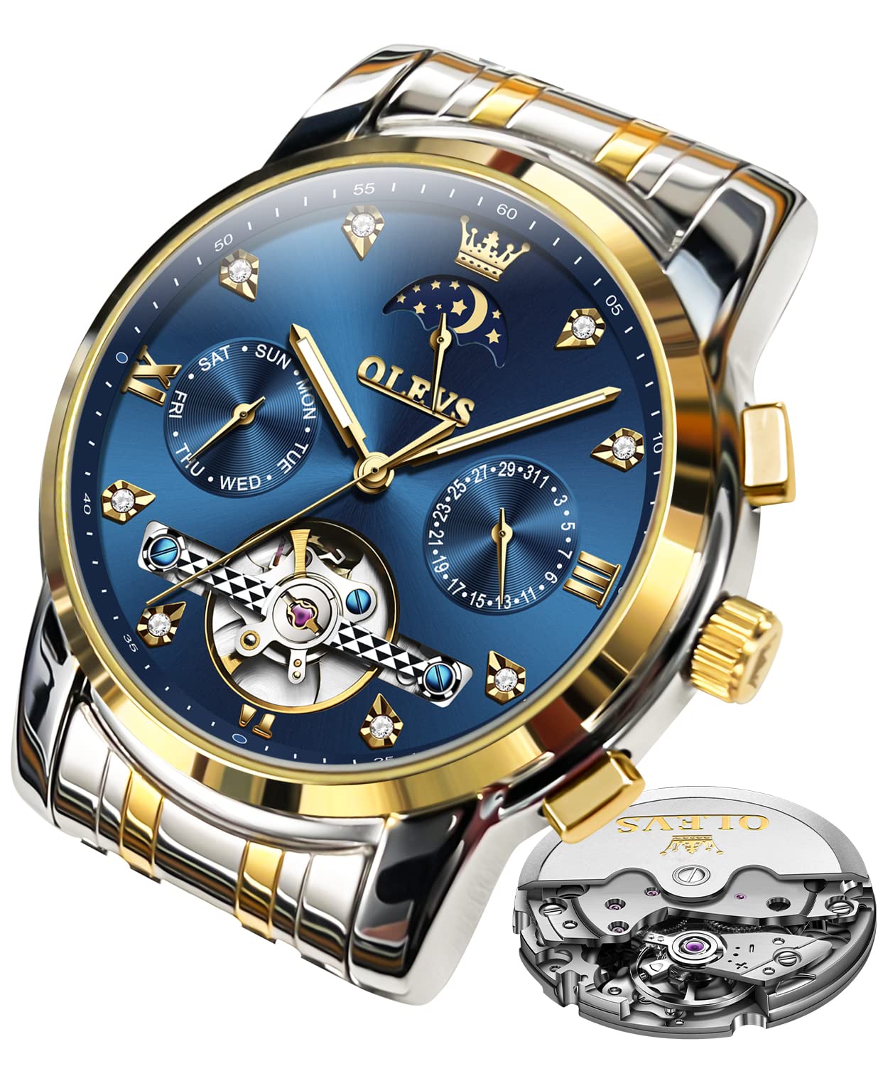 OLEVS Herrenuhren Automatik Mechanische Schwarz Armbanduhr mit Skelettiertem Tourbillon Kalender Wasserdicht Leuchtende Klassische Luxus Armbanduhren für Herren