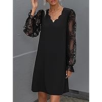 Womens Fall Fashion 2022 Contrast Lace Flounce Sleeve Scallop Trim Tunic Dress (Color : Black, Size : Medium)