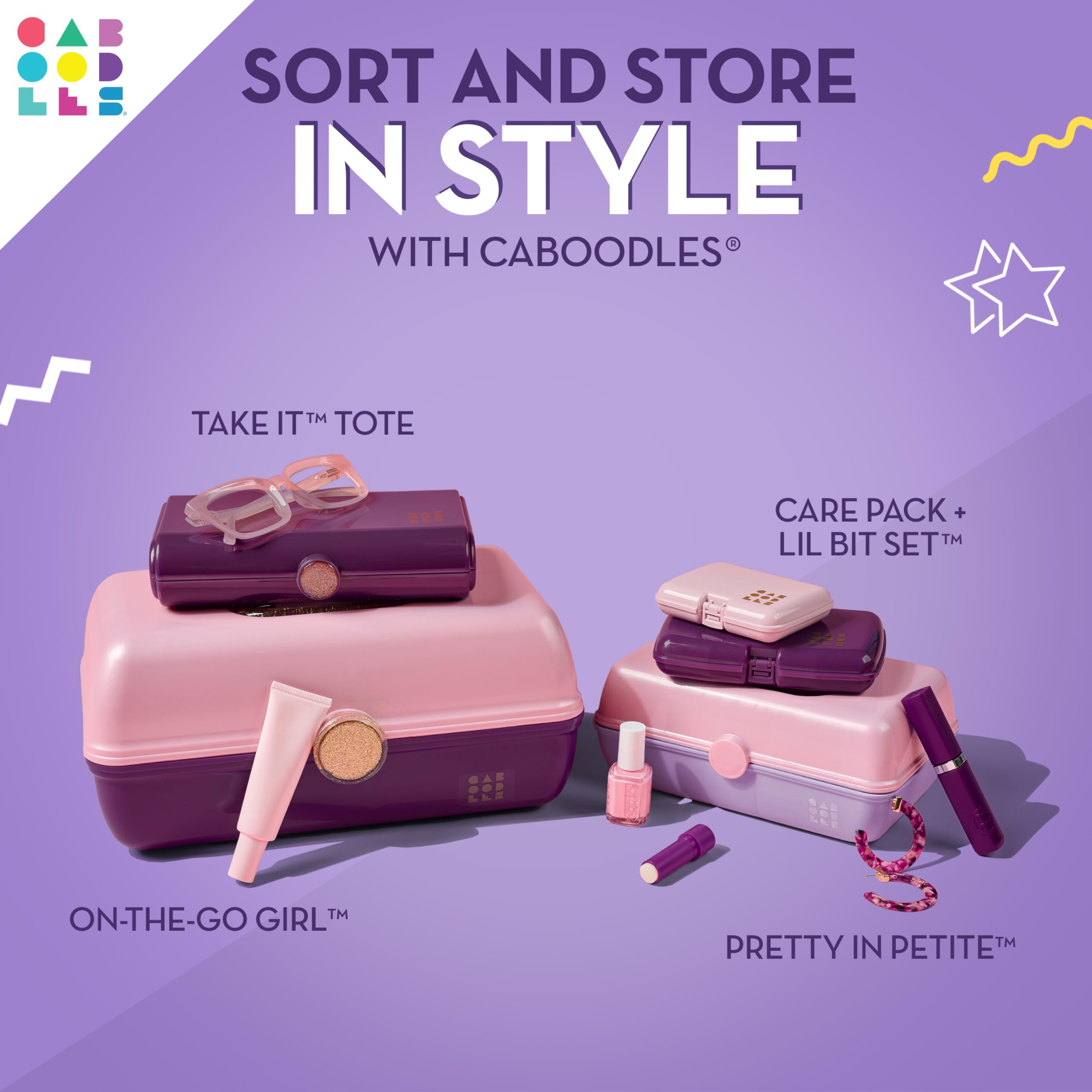 Caboodles Pretty in Petite Makeup Box, Two-Tone Lavender on Violet, Hard Plastic Organizer Box, 2 Swivel Trays, Fashion Mirror, Secure Latch for Safe Travel