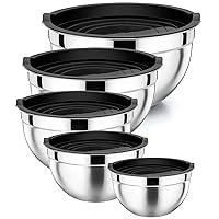 P&P CHEF Stainless Steel Mixing Bowls with Black Lids Set of 5, Nesting Salad Mix Bowl for Mixing/Prepping/Beating, Refrigerator & Dishwasher Safe, Size 4.6, 3, 1.5, 1, 0.7 QT