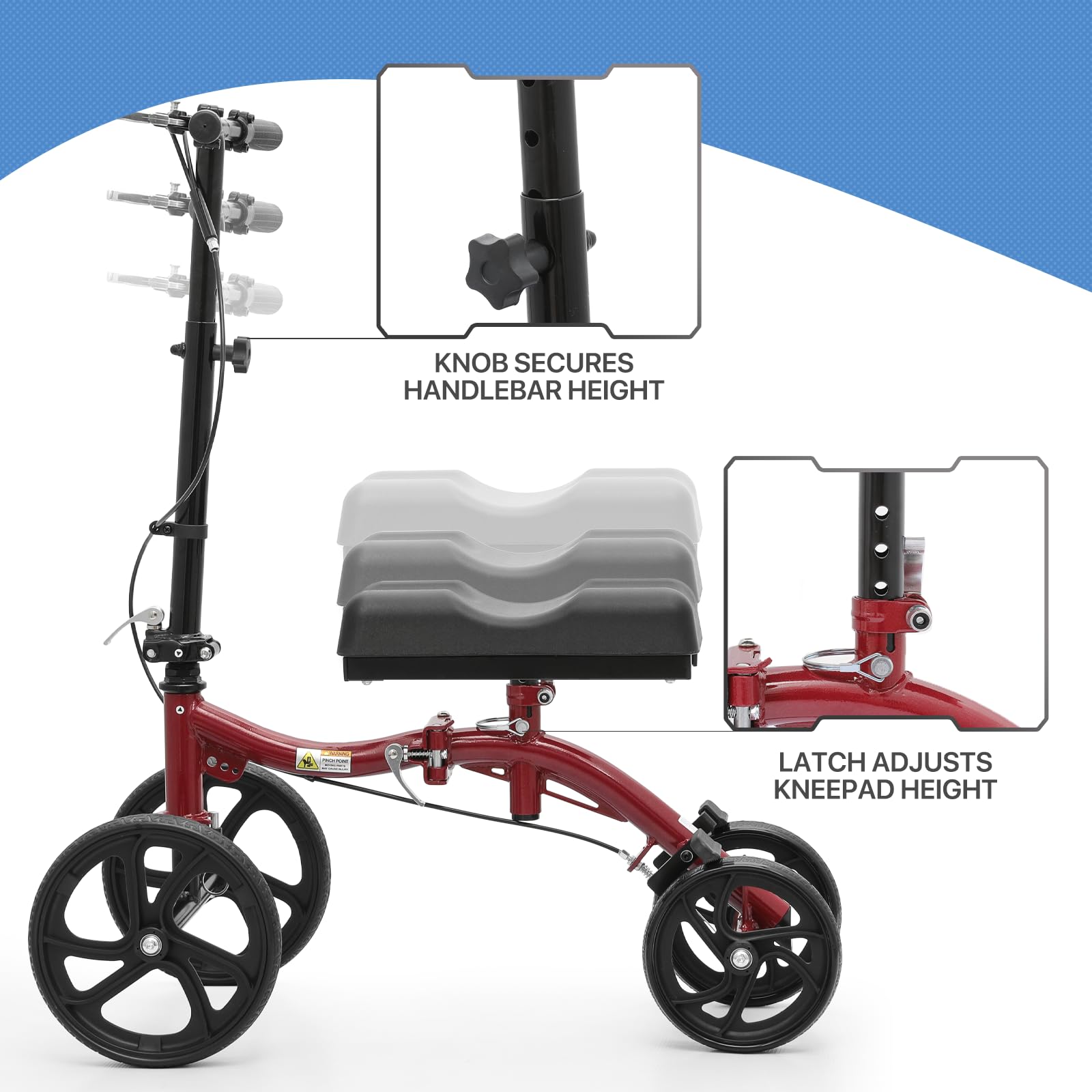 monicare Knee Walker Compact All Terrain 10'' Front Wheels Adjustable Height Knee Scooter with Dual Braking System and Removable Storage for Ankle and Foot Injured, 350lbs Load Capacity, Red