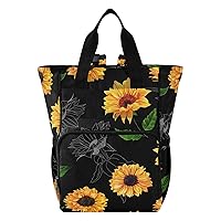 Vintage Sunflower Black Diaper Bag Backpack for Dad Mom Large Capacity Baby Changing Totes with Three Pockets Multifunction Travel Back Pack for Picnicking Playing