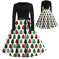 Women's Christmas Dress Vintage Classic Neck Waist Bow Tie Long Sleeves Printed Round Swing Dresses Fall, S-2XL