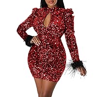 Cotton Dress for Women,Women's Hollow Long Sleeved Feather Backless Sexy Hollow Sequin Gown Dress Formal Long S