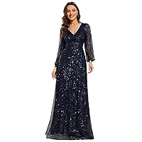 Ever-Pretty Women's Sequin A-Line V Neck Beaded Gown Long Sheer Sleeves Cocktail Evening Gown 01999