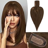 RUWISS Human Hair Topper with Bangs Crown Topper Hair Pieces for Women Short Wiglet Topper for Thinning Hair 7.5 * 13CM Silk Base 100% Real Human Hair Clip in Topper 12Inch 40g（Medium Brown）