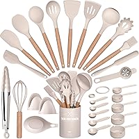 28 Pcs Silicone Cooking Utensils Kitchen Utensil Set - 446°F Heat Resistant, Turner Tongs, Spatula, Spoon, Brush, Whisk, Wooden Handle, Kitchen Gadgets with Holder for Nonstick Cookware (Khaki)