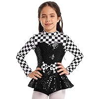 YiZYiF Kids Girls Checkerboard Sequin Leotard Costume Long Sleeve Bowknot Halloween Fancy Dress-up Dancewear