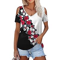 Womens Loose Fit Tunic Tops 2024 Holiday Cold Shoulder Short Sleeve Print V Neck Tees Casual Relaxed Fit T-Shirt
