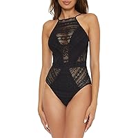 Becca by Rebecca Virtue Women's Standard Color Play Crochet One Piece Swimsuit, High Neck, Bathing Suits, Black