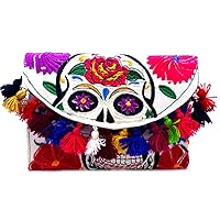 Day of the Dead Sugar Skull Floral Embroidered Pom Fringe Slim Envelope Clutch Purse Crossbody Bag Handmade Boho Accessories