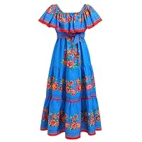AFAVOM Mexican Dresses for Women Mexican Embroidered Floral Print Off Shoulder Summer Casual Beach Long Maxi Boho Dresses