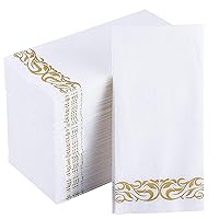 JOLLY CHEF 100 Disposable Hand Towels, Soft and Absorbent Linen Feel Dinner Napkin, Elegant Decorative Paper Guest Towels for Kitchen, Bathroom,Weddings,Parties, Gold and White