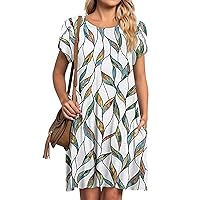 Summer T Shirt Dress for Women Crewneck Petal Short Sleeve Loose Dress Swing Casual Beach Sundress with Pockets