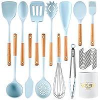 Kitchen Cooking Utensils Set, 13 Piece Wooden Handle Silicone Cookware Set with Stand,Nonstick Heat Resistant Silicone Tool Set - Morandi Blue（ BPA Free）
