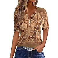 Summer Blouses for Women 2024, Button V Neck Short Sleeve Plus Size Summer Shirts Fashion Print Loose Fit Shirts
