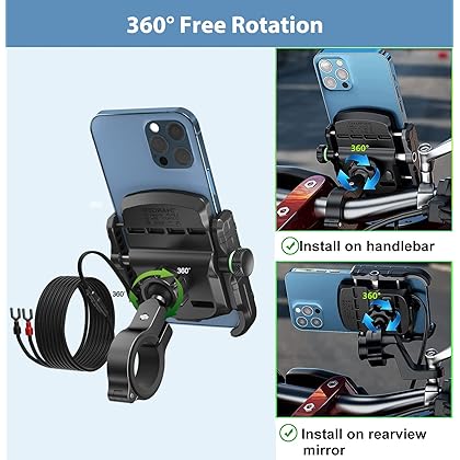 iMESTOU Motorcycle Phone Mount USB Charger Handlebar/Rear-View Mirror Cellphone Holder Aluminum with 17mm Ball Base Works with 12V/24V Motorcycles Quick Charge for 4.0-6.8 Inch Smartphones (USB Type)