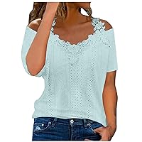 Womens Eyelet Tops Summer V Neck Short Sleeve T Shirts Sexy Off Shoulder Loose Fit Casual Cute Top Blouses for Women