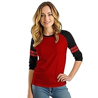Decrum Red and Black Soft Cotton Striped Jersey 3/4 Sleeve Raglan Shirt Womens Baseball Tees 3/4 Sleeve [40041021] | Red&Blk Striped Rgln, XS
