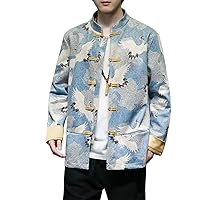 WOLONG Spring Autumn Chinese Style Crane Printed Jacket Men's Stand Collar Button Loose Casual High Street Jackets