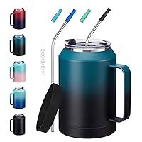 32/50oz Mug Tumbler with Handle and Straw - 32 oz Stainless Steel Wide Mouth Travel Coffee Cups w/ Lid, Reusable Home Office Work Mugs, Double Wall Vacuum Insulated Bottle Keep Cold 36 Hrs Hot 24 Hrs
