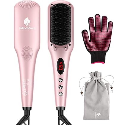 Enhanced Hair Straightener Heat Brush by MiroPure, 2-in-1 Ceramic Ionic Straightening Brush, Hot Comb with Anti-Scald Feature, Auto Temperature Lock & Auto-Off Function (Pink) 4 Piece Set