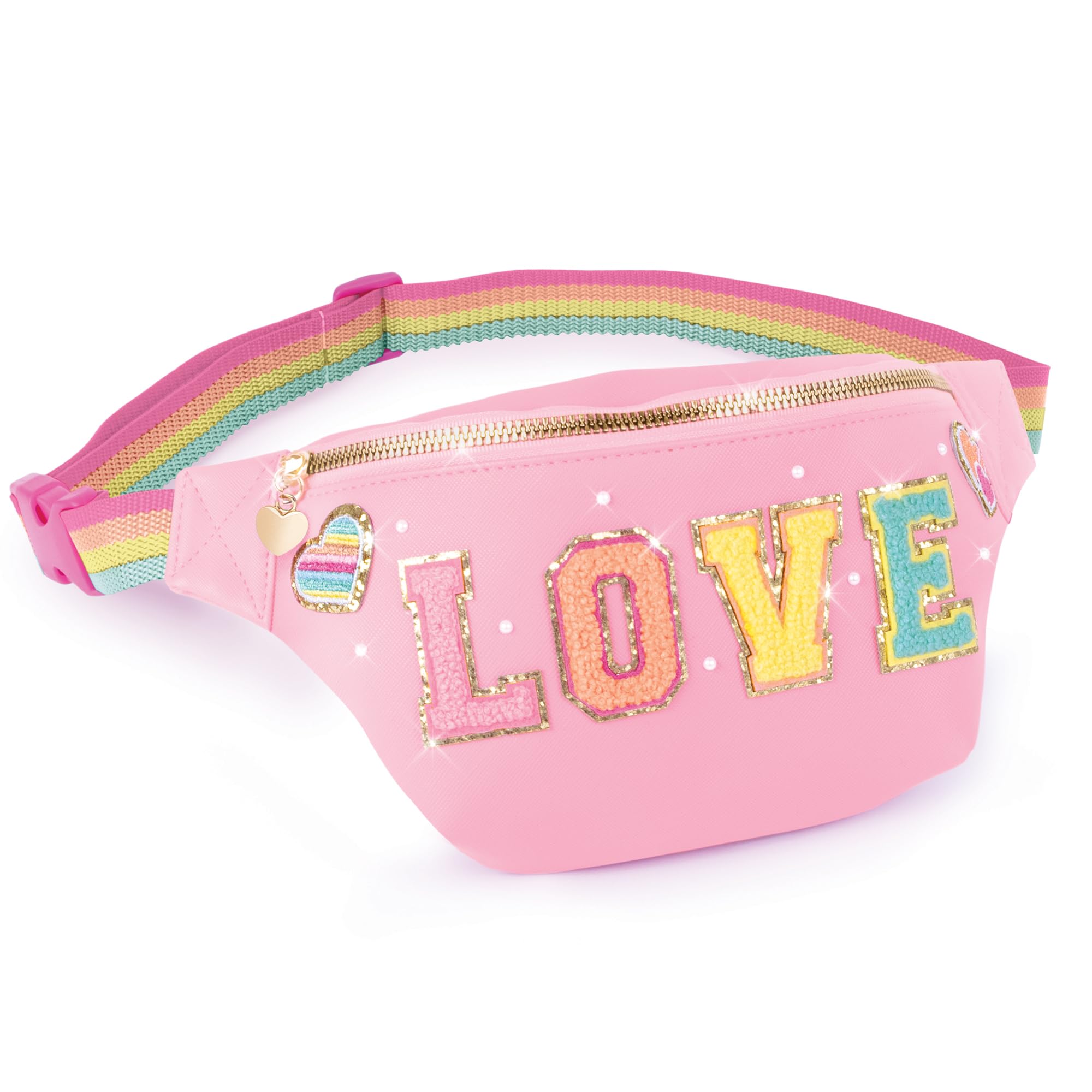 Make It Real: Fashion Bum Bag with Patches - 9 pcs, Pink Zipper Bag with Rainbow Band, DIY Customize, Love Patches, Tweens, Girls & Kids Ages 8+